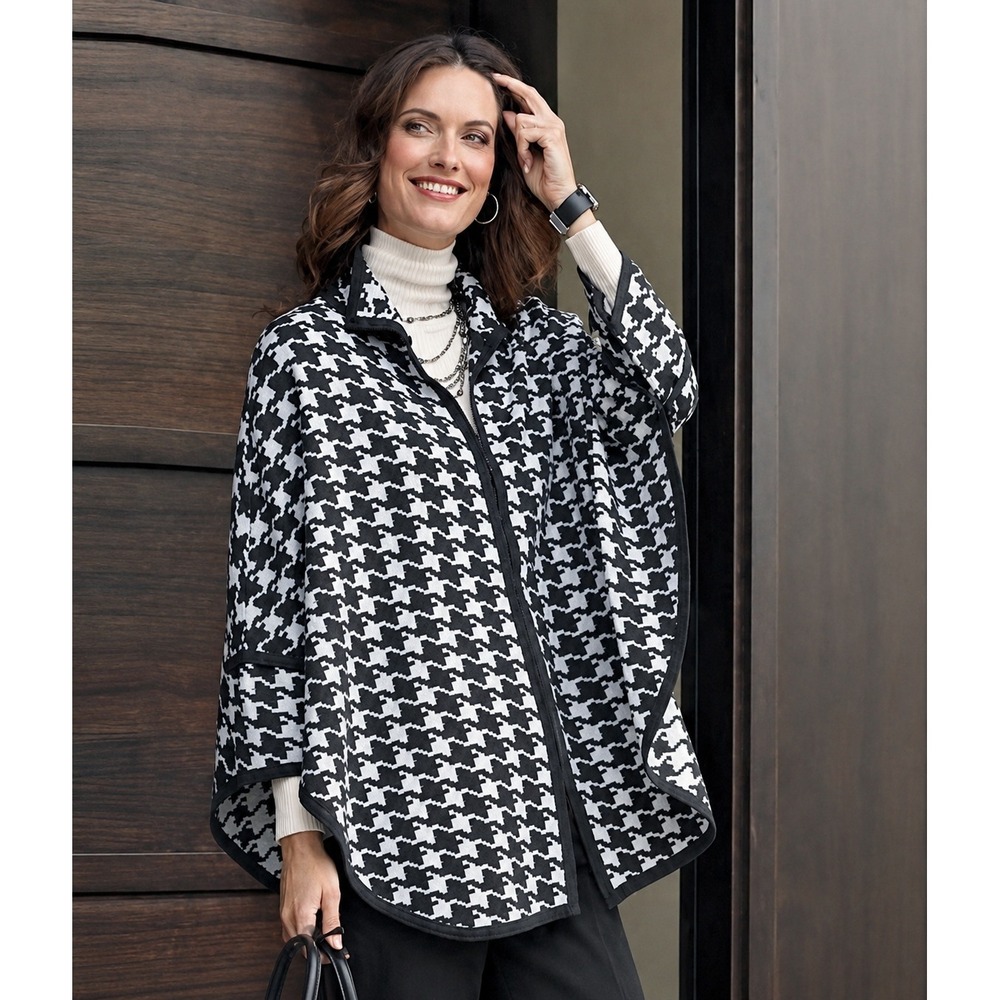 Pendleton 100% Merino Wool Houndstooth Cape Poncho Cardigan Black Cream M/L